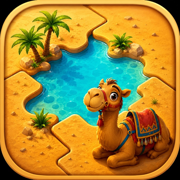 Blockwise desert puzzle with a camel, sand and water