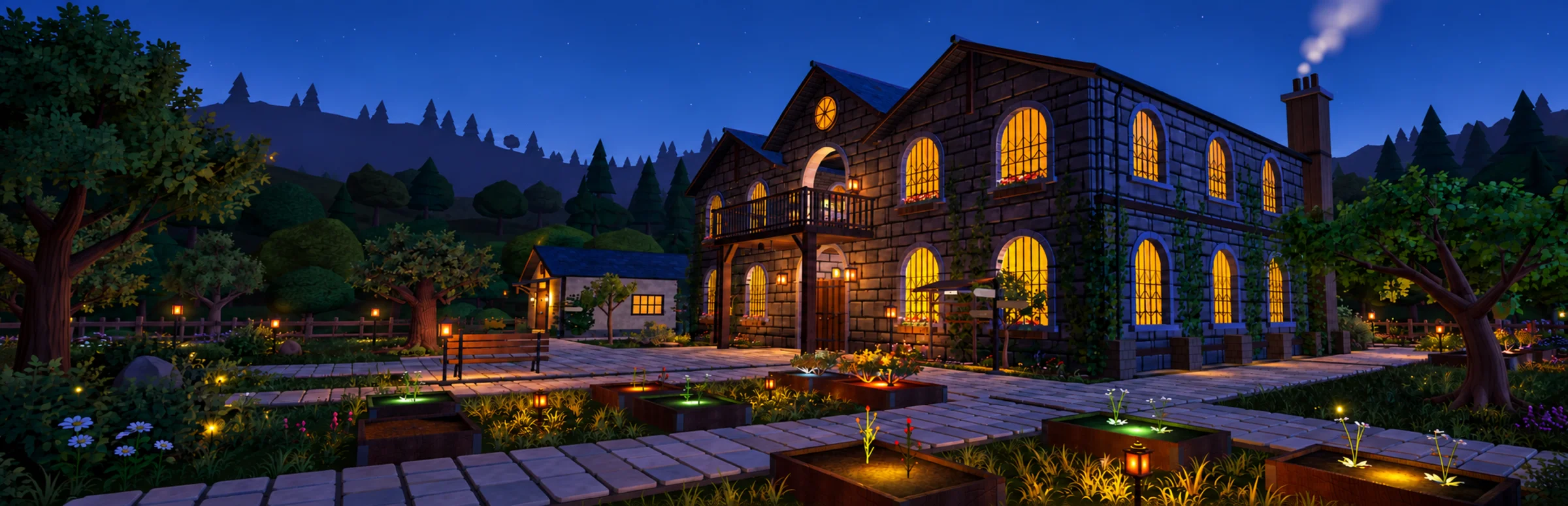 A warmly lit magical workshop surrounded by an enchanted garden at twilight